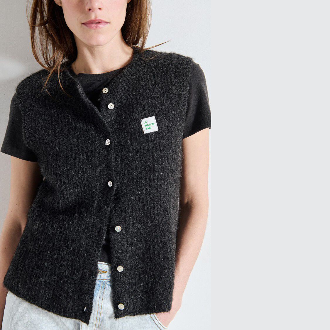 American Vintage-Women Gilet SM Col Rond East Anthracite Chine