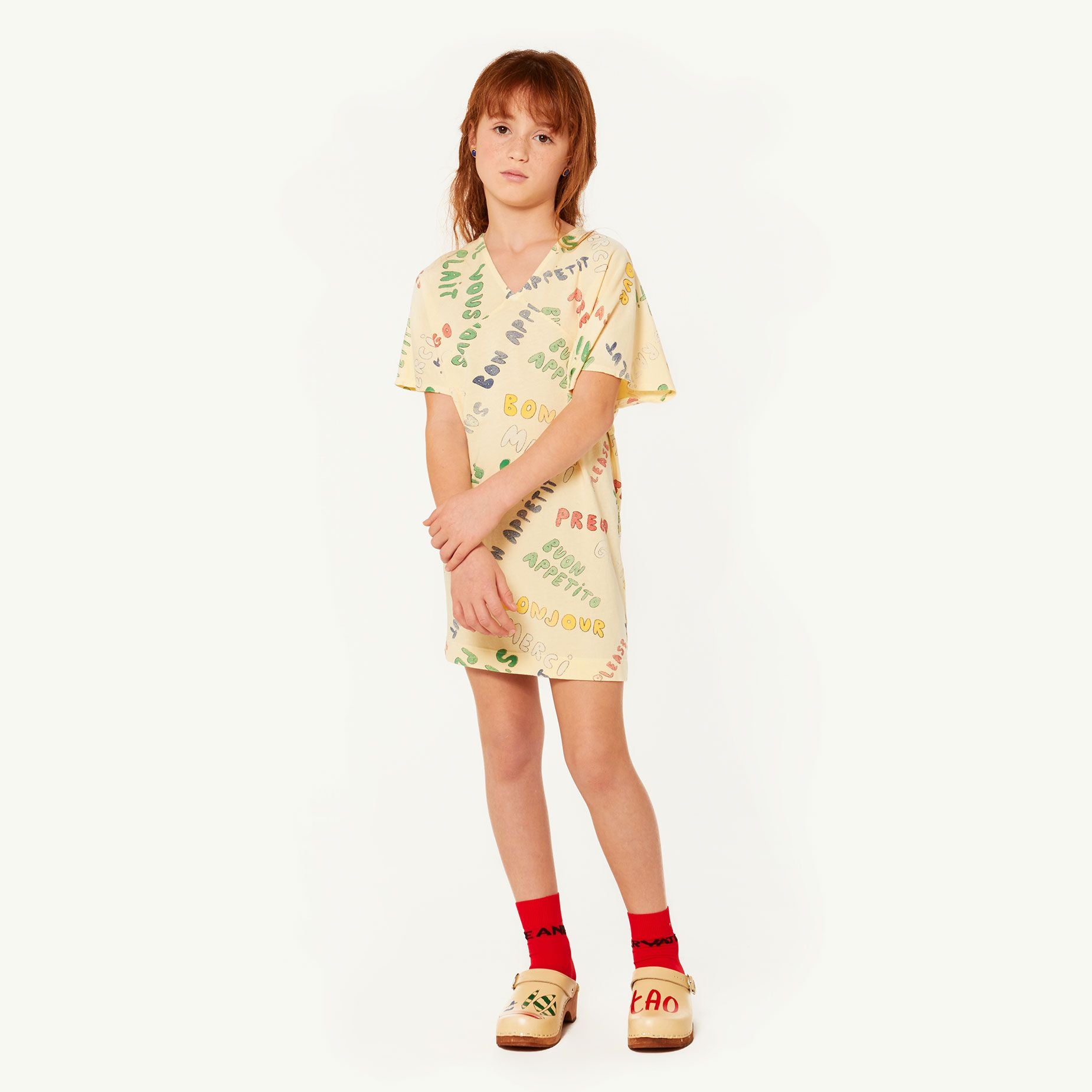 DRAGON KIDS DRESS, YELLOW WORDS - Cemarose Children's Fashion Boutique