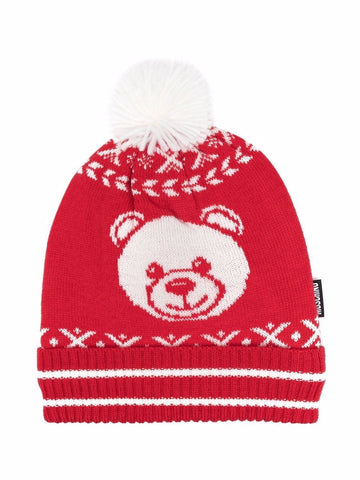 HAT WITH BEAR AND POM POM DETAIL, POPPY RED