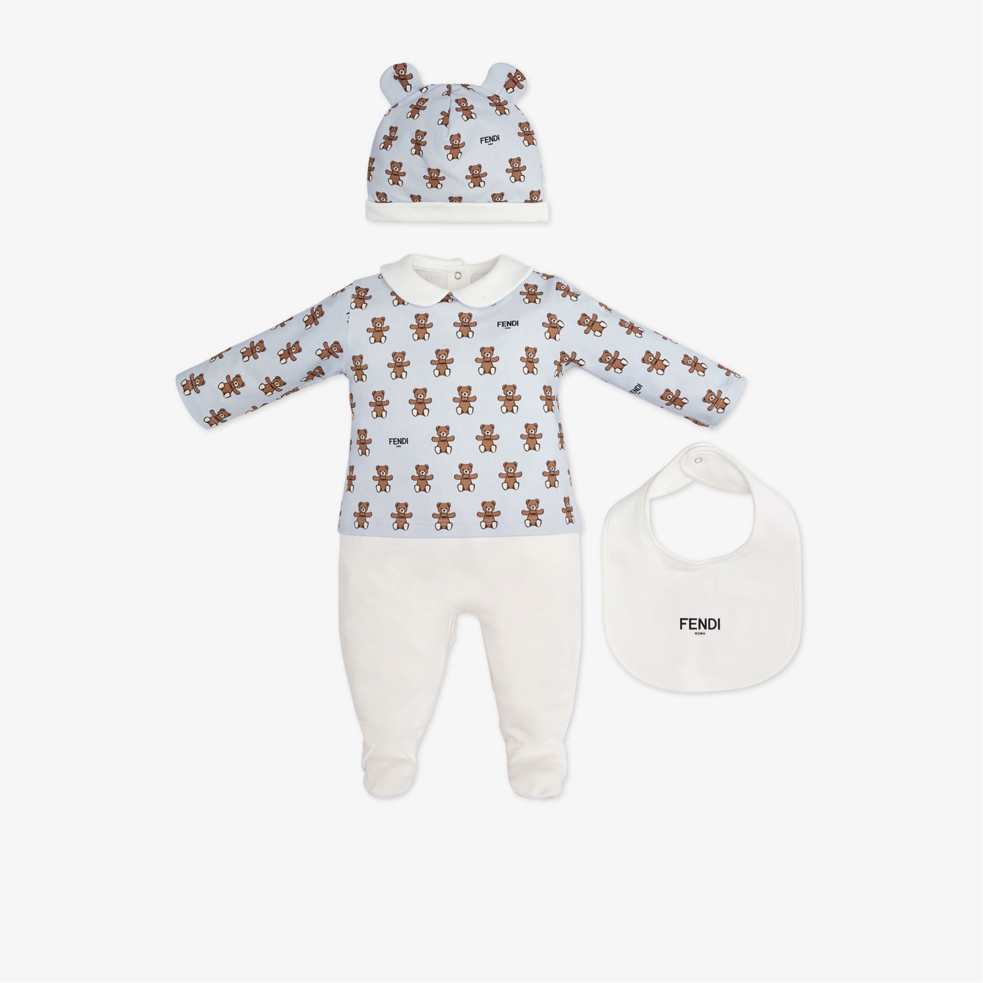 BABY FOOTIE W TOP ALLOVER BEAR + HAT AND BIB, LIGHT BLUE