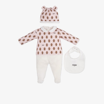 BABY FOOTIE W TOP ALLOVER BEAR + HAT AND BIB, LIGHT PINK