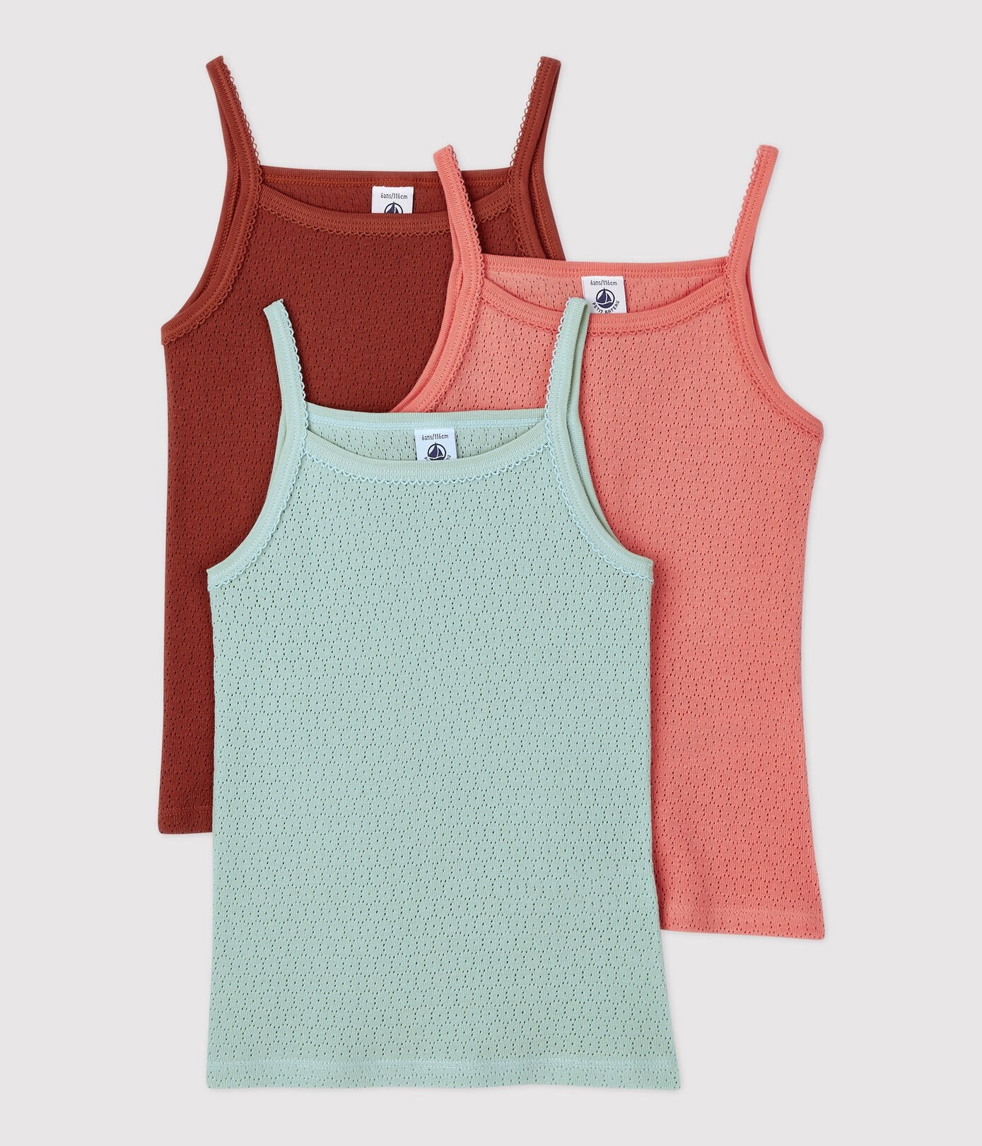 GIRLS' PLAIN COTTON OPENWORK VEST TOPS - 3-PACK