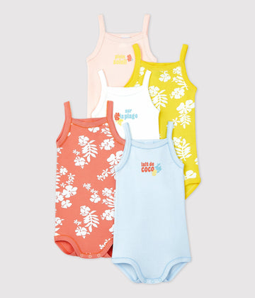 BABIES' HAWAIIAN THEMED COTTON BODYSUITS WITH STRAPS - 5-PACK
