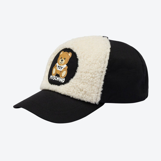 FUZZY BASEBALL HAT WITH BEAR PRNT - BLACK