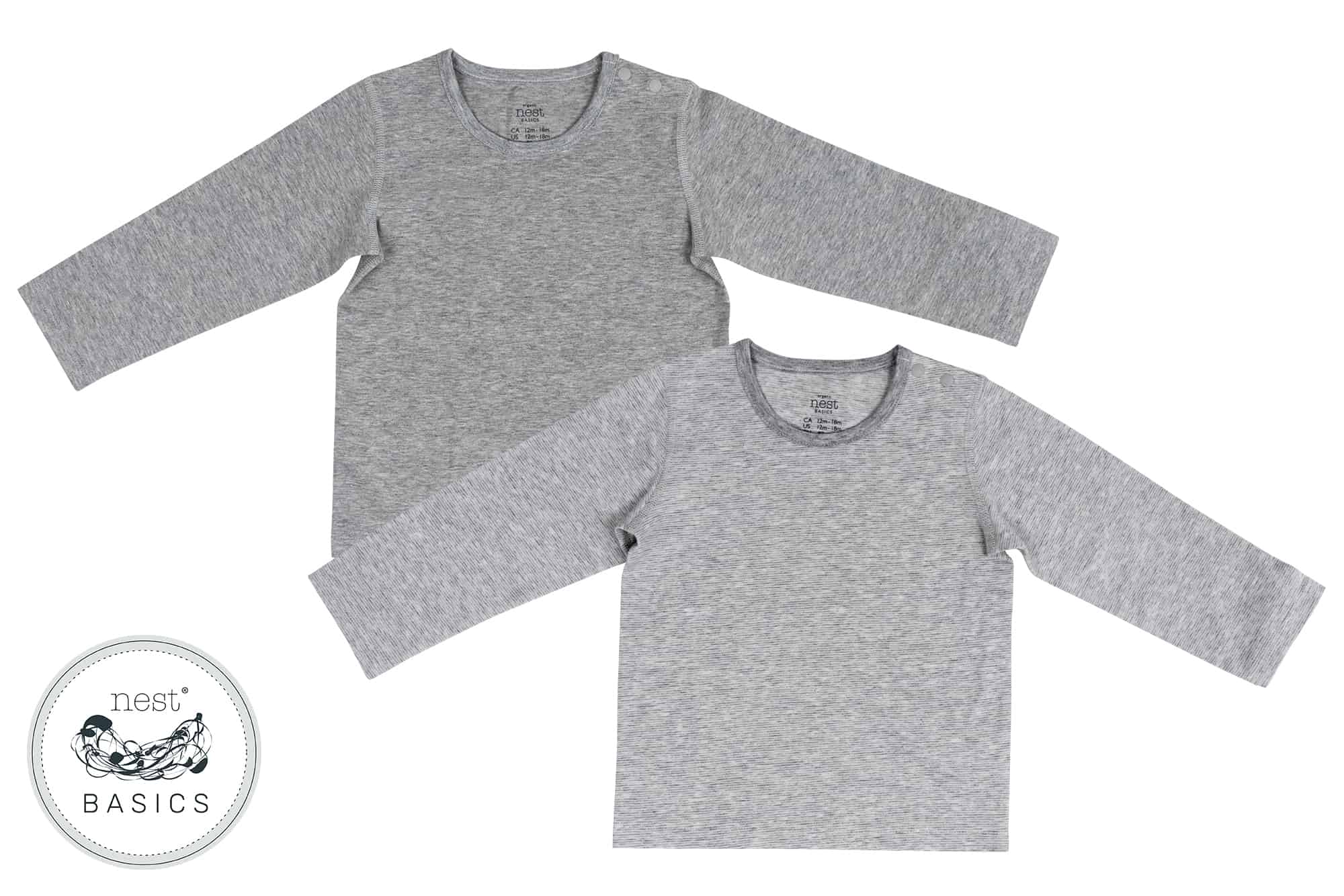 Basics Organic Cotton Long Sleeve T-Shirt (2pack) - Striped and Light Grey - Cémarose Canada