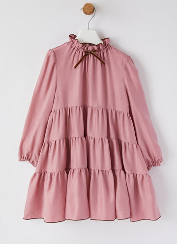 GIRLS LS THREE TIERED DRESS WITH BOW, SALMON PINK