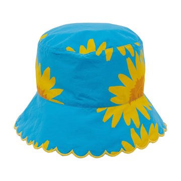 GIRLS SUNFLOWERS COTTON VOILE HAT, BLUE YELLOW