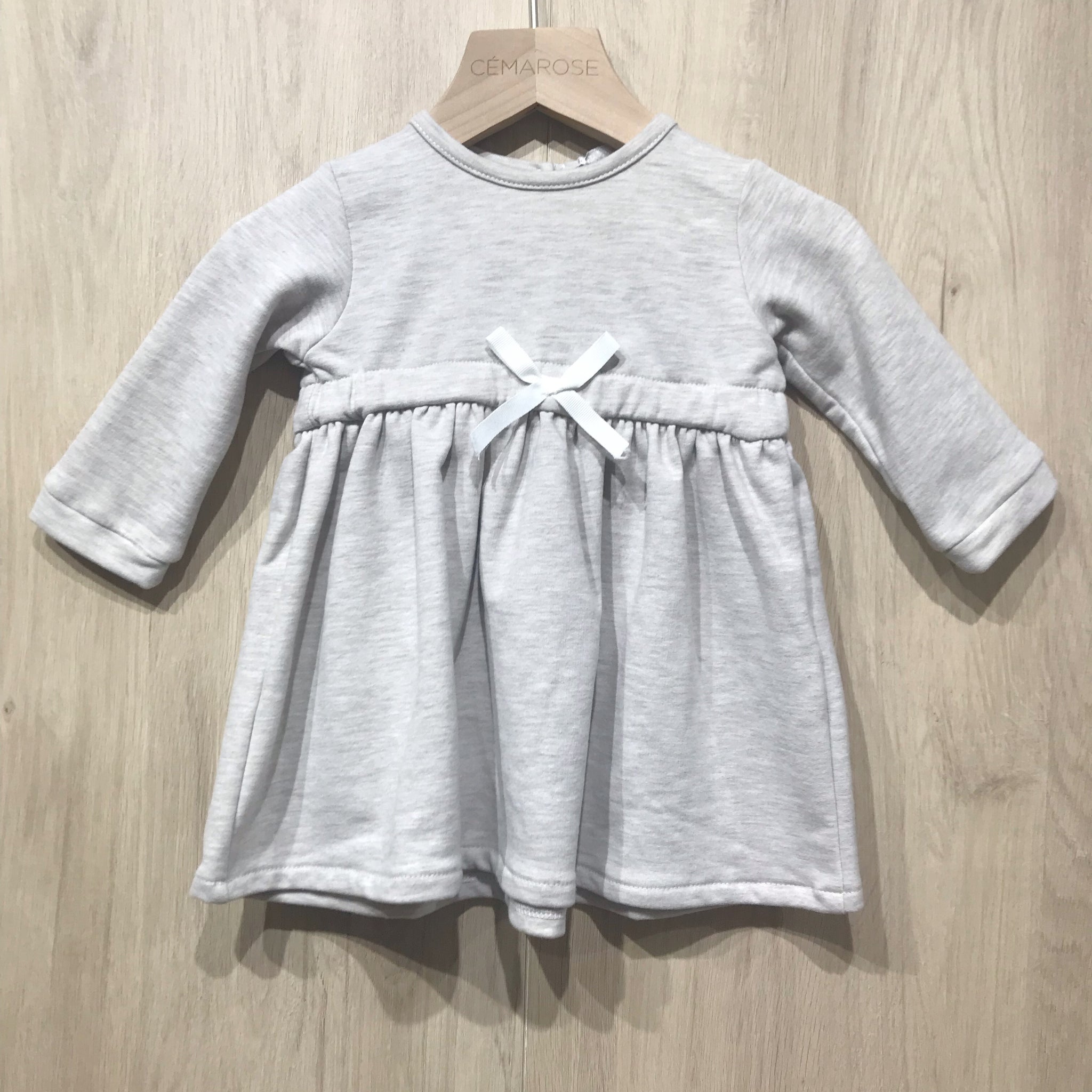 LS DRESS BOW ON WAIST,BEIGE/WHITE - Cemarose Children's Fashion Boutique