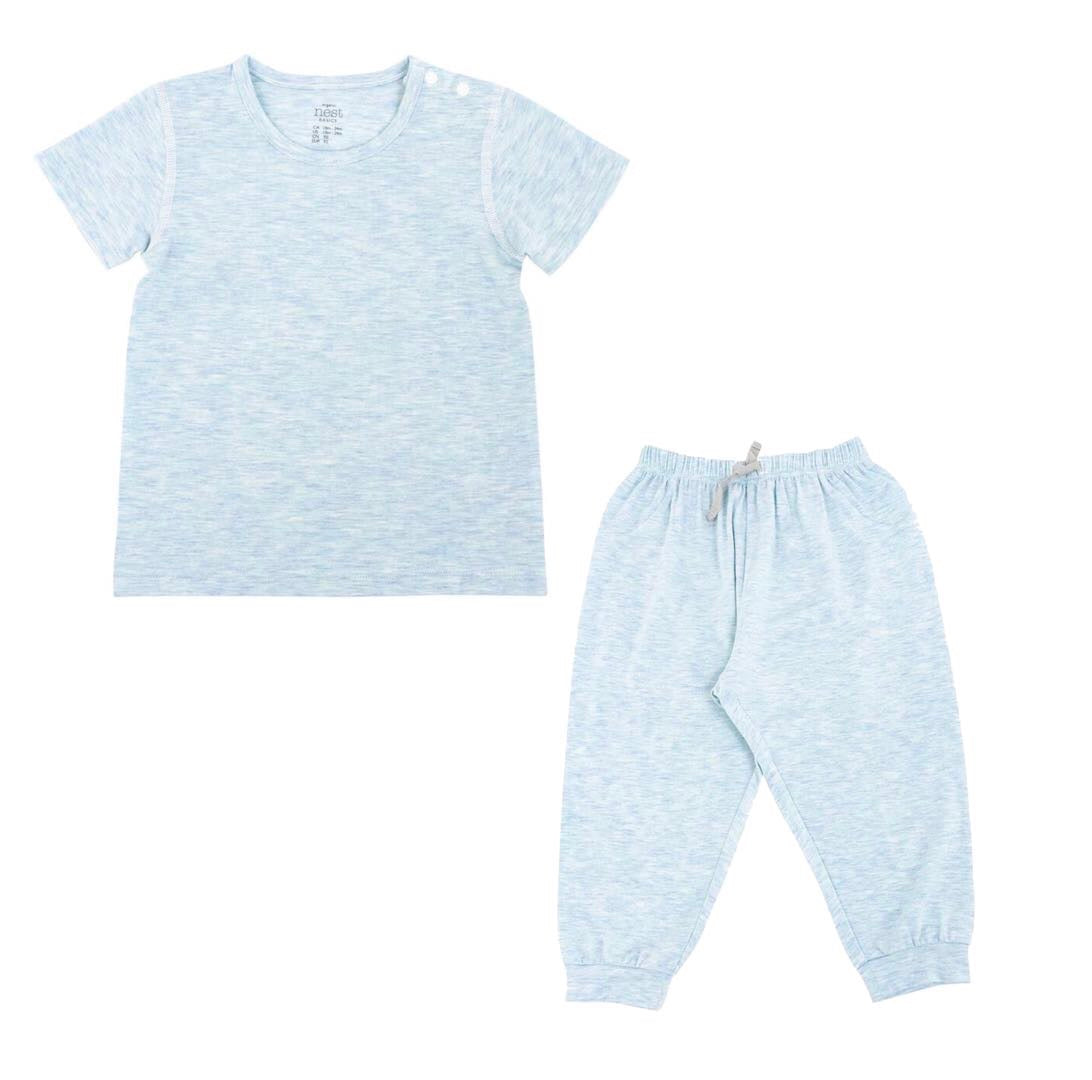 Basics Bamboo Cotton Short Sleeve Set (T-Shirt+Harem Pants)- Mist - Cémarose Canada