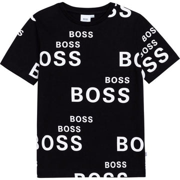 BOYS SS ALLOVOER LOGO PRINT TEE MINI ME, BLACK
