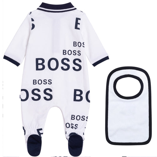 BABY FOOTIE WITH LOGO TEXT AND BIB IN BOX, WHITE