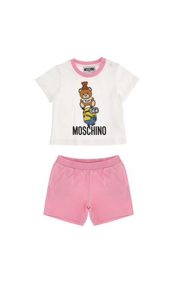 BABY 2PCS SET SHORTS WITH SS TEE AND MINION GRAPHIC, WHT/PINK