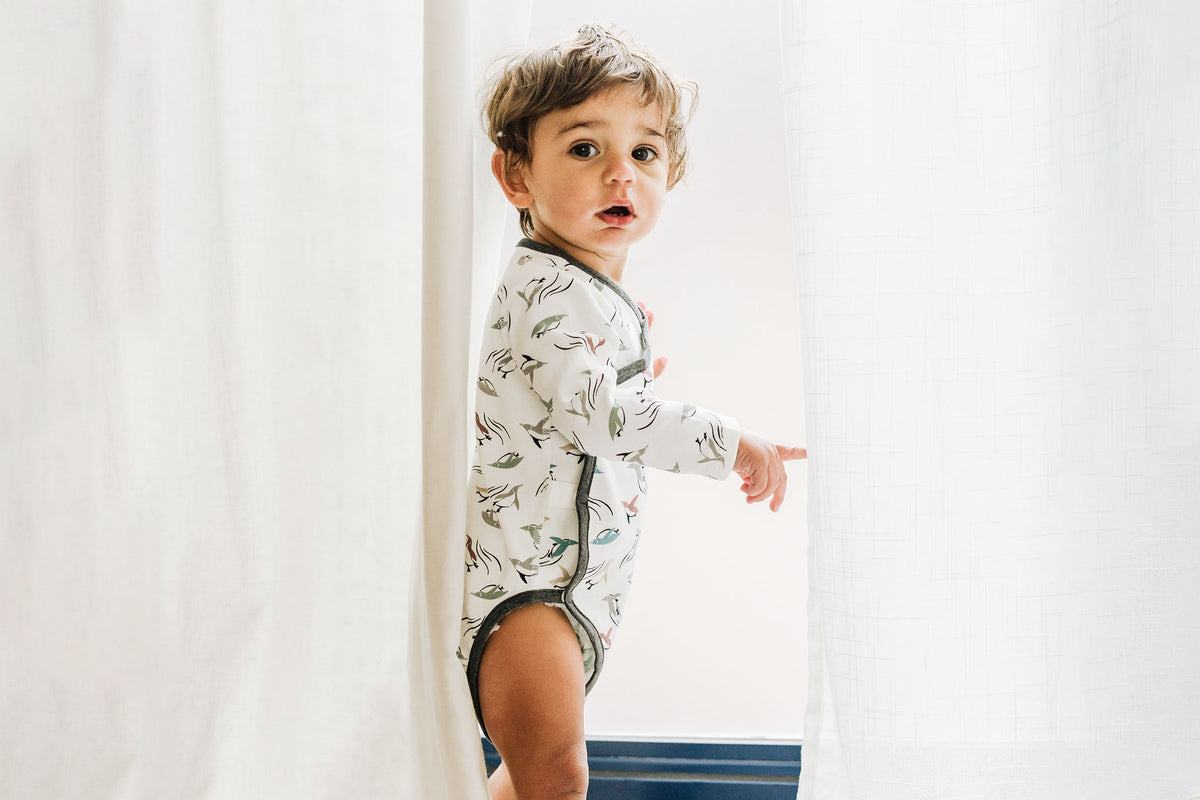 Organic Cotton Kimono Long Sleeve Onesie - Rainbow Swim