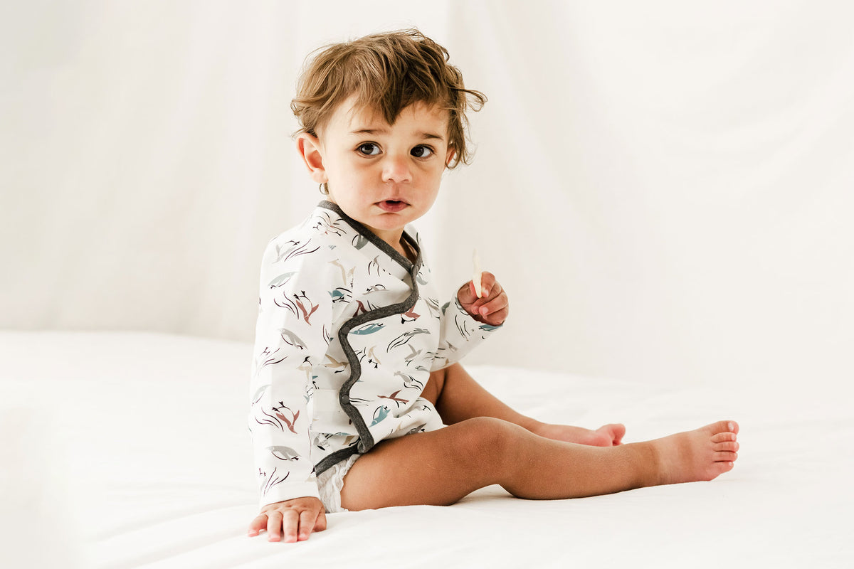 Organic Cotton Kimono Long Sleeve Onesie - Rainbow Swim