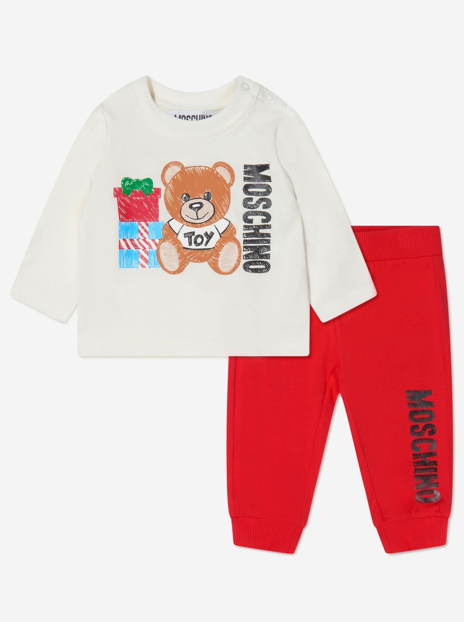 T SHIRT PANT SET WITH BEAR PRESENT GRAPHIC - CLOUD RED