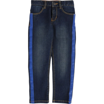 PRINTED BLUE SIDE BAND DENIM TROUSERS - Cemarose Children's Fashion Boutique