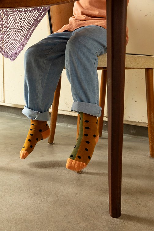 knee high socks | black freckles | caramel fudge + seventies green - Cémarose Canada