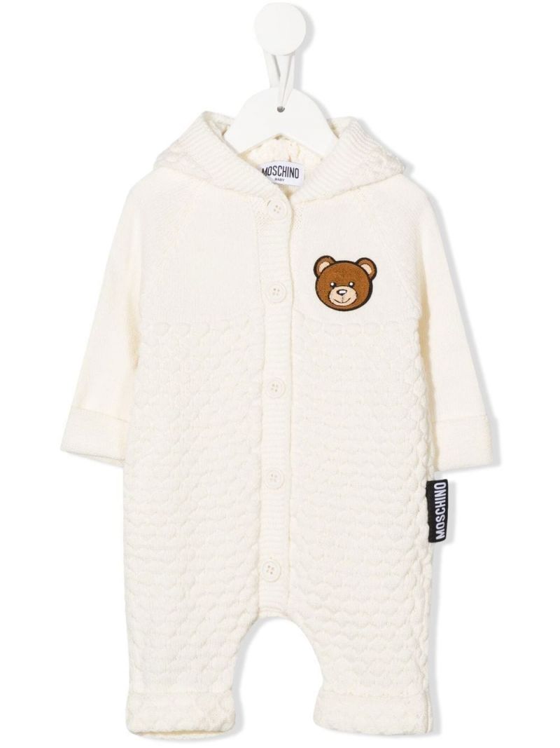 KNITTED BABY HOODED BODYSUIT WITH BEAR PATC - CLOUD