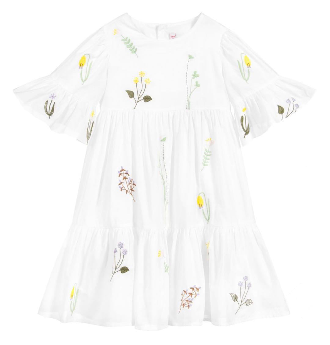 KID GIRL SS FLOWER EMBROIDERY TIERED DRESS, WHITE - C??marose Canada