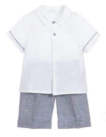 BABY BOY LINEN 2 PC BUTTON DOWN TOP AND SHORT SET, BLUE - C??marose Canada