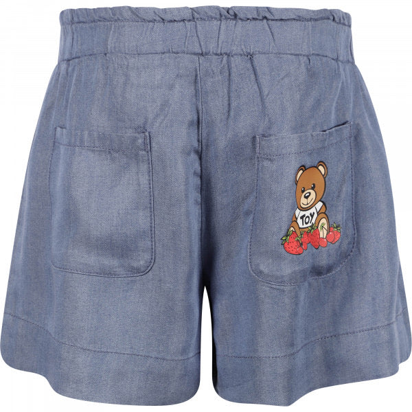 GIRLS BACK POCKET STRAWBERRY BEAR LOGO SHORTS, AZZURRO