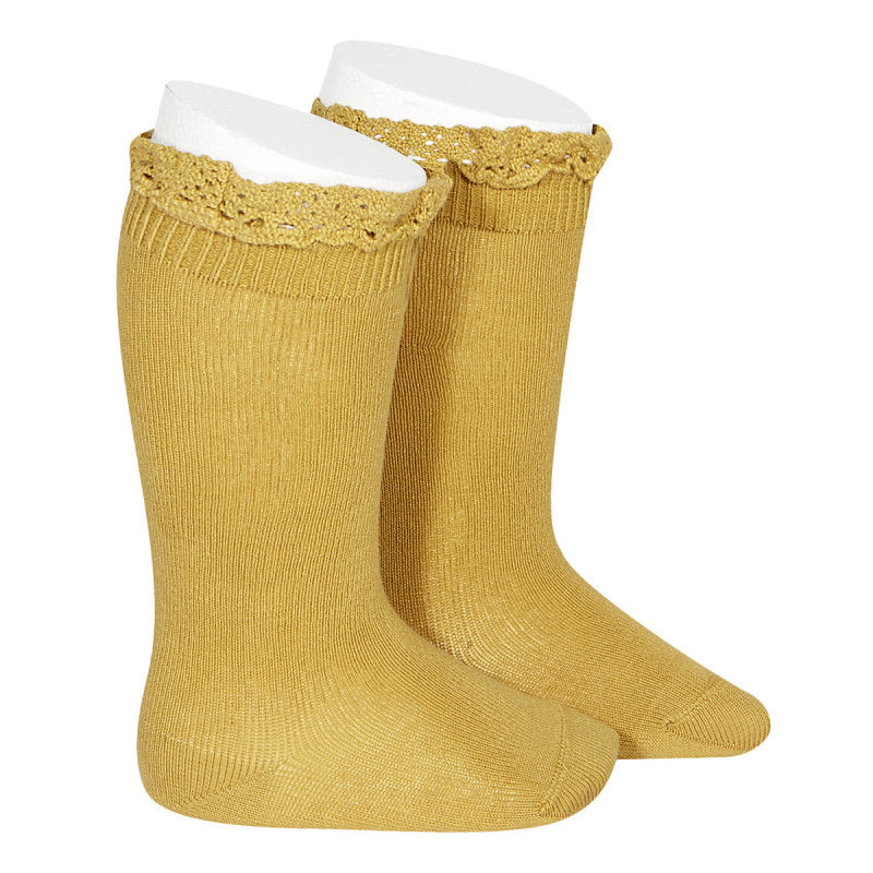 KNEE SOCKS WITH LACE EDGING CUFF SOCKS,Mustard 2.409/2 629 - Cémarose Canada