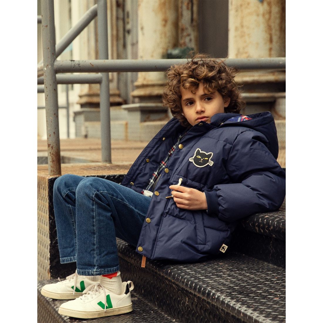 Cat patch puffer jacket - Navy