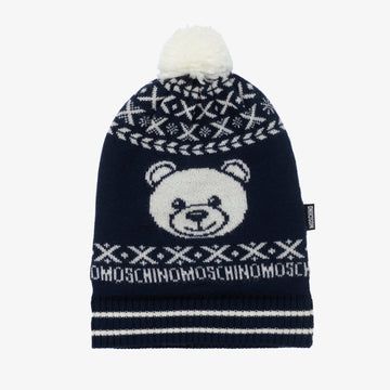 HAT WITH BEAR AND POM POM DETAIL, NAVY