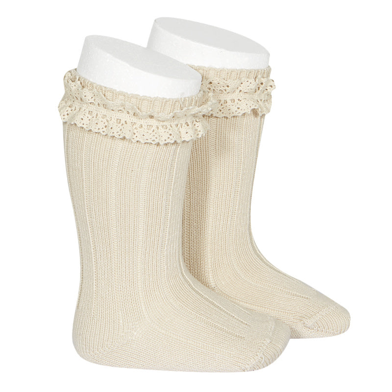 Rib knee-high socks with vintage lace,Linen 2.438/2 304 - Cémarose Canada