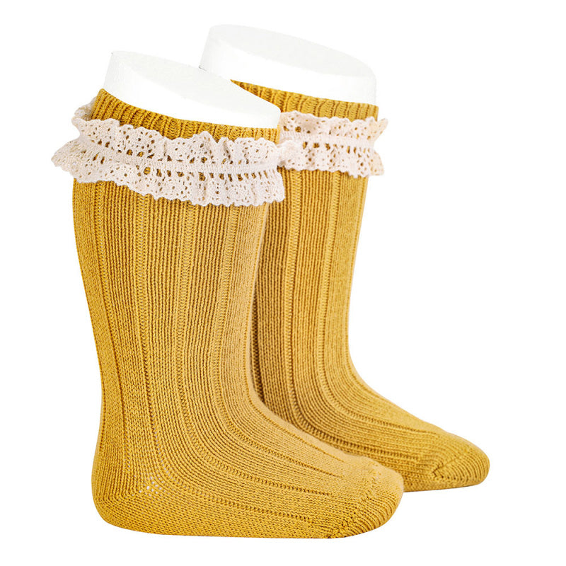 Rib knee-high socks with vintage lace,Mustard 2.438/2 629 - Cémarose Canada