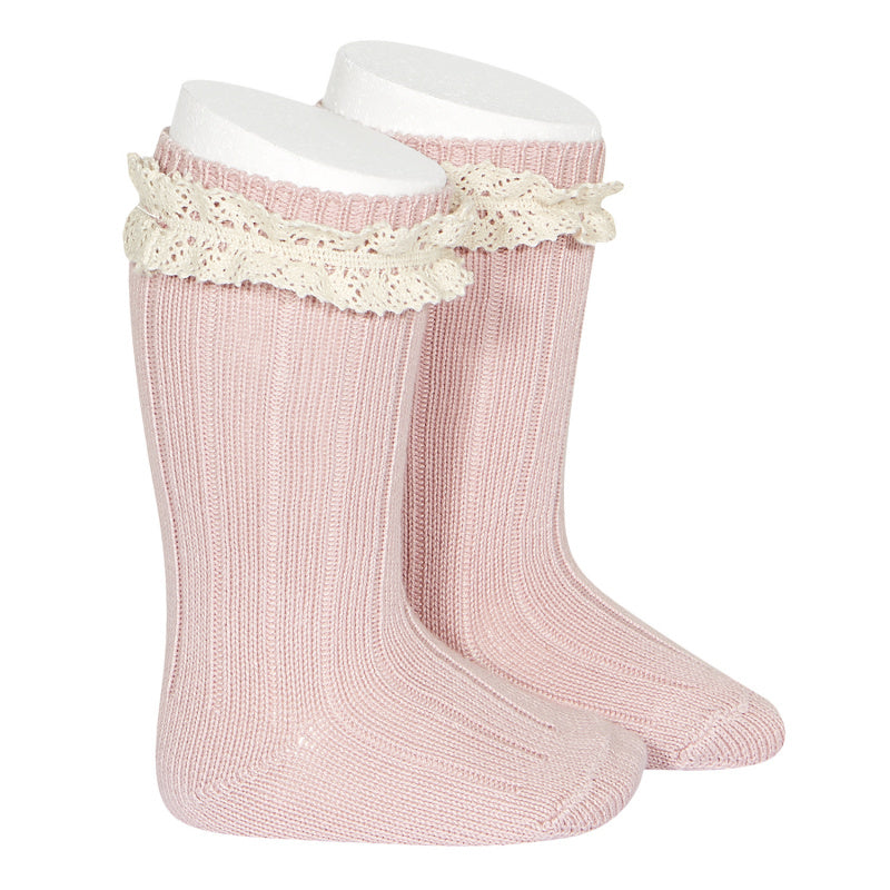 Rib knee-high socks with vintage lace,Pale Pink 2.438/2 526 - Cémarose Canada