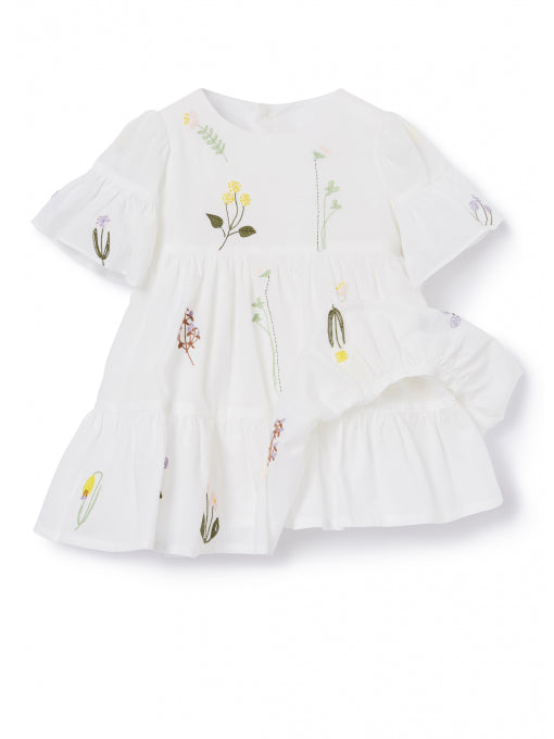 KID GIRL SS FLOWER EMBROIDERY TIERED DRESS, WHITE - C??marose Canada